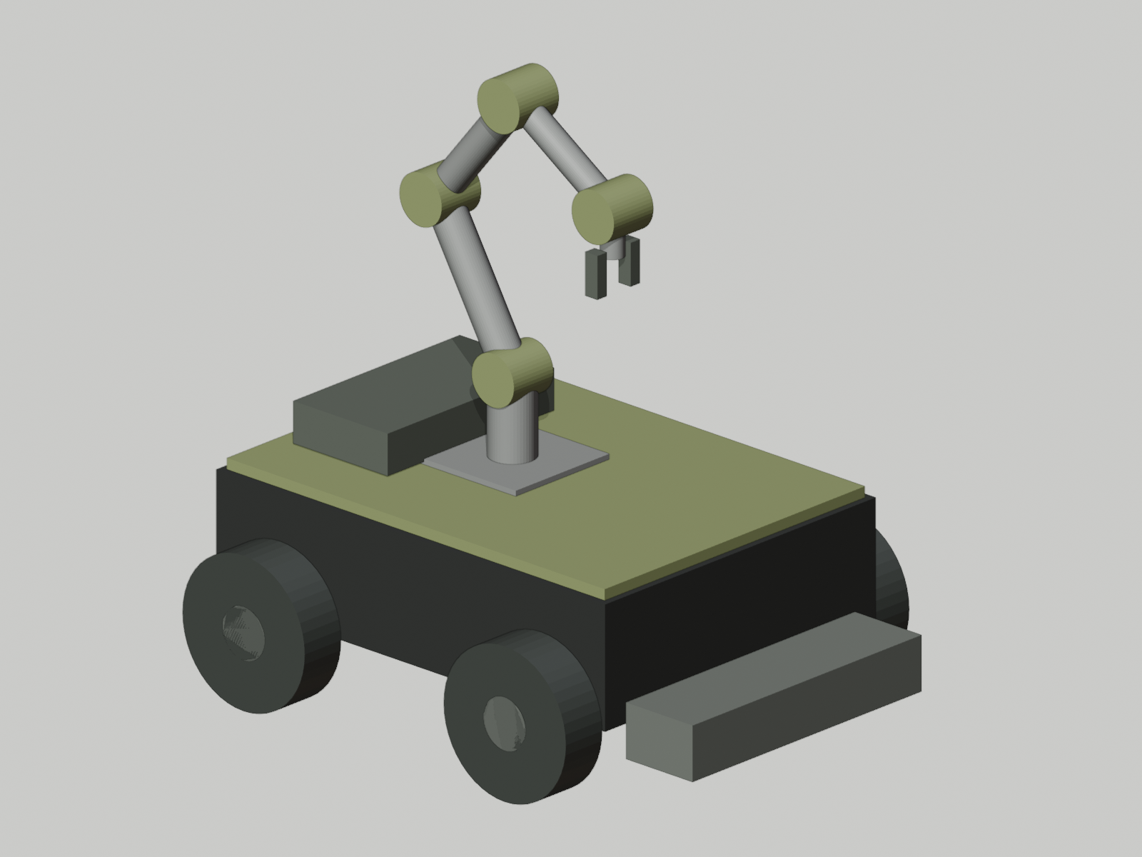 Revision A CAD concept of a four-wheel mobile chassis with a representative robot arm and cleaning-module volume.